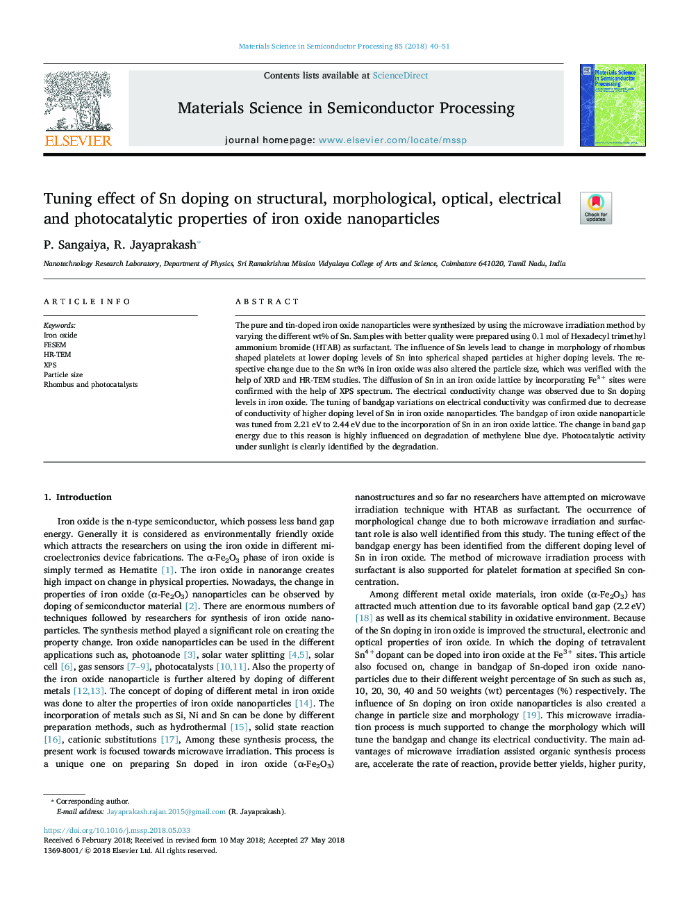 Tuning effect of Sn doping on structural, morphological, optical, electrical and photocatalytic properties of iron oxide nanoparticles