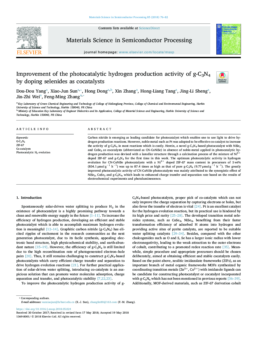 Improvement of the photocatalytic hydrogen production activity of g-C3N4 by doping selenides as cocatalysts