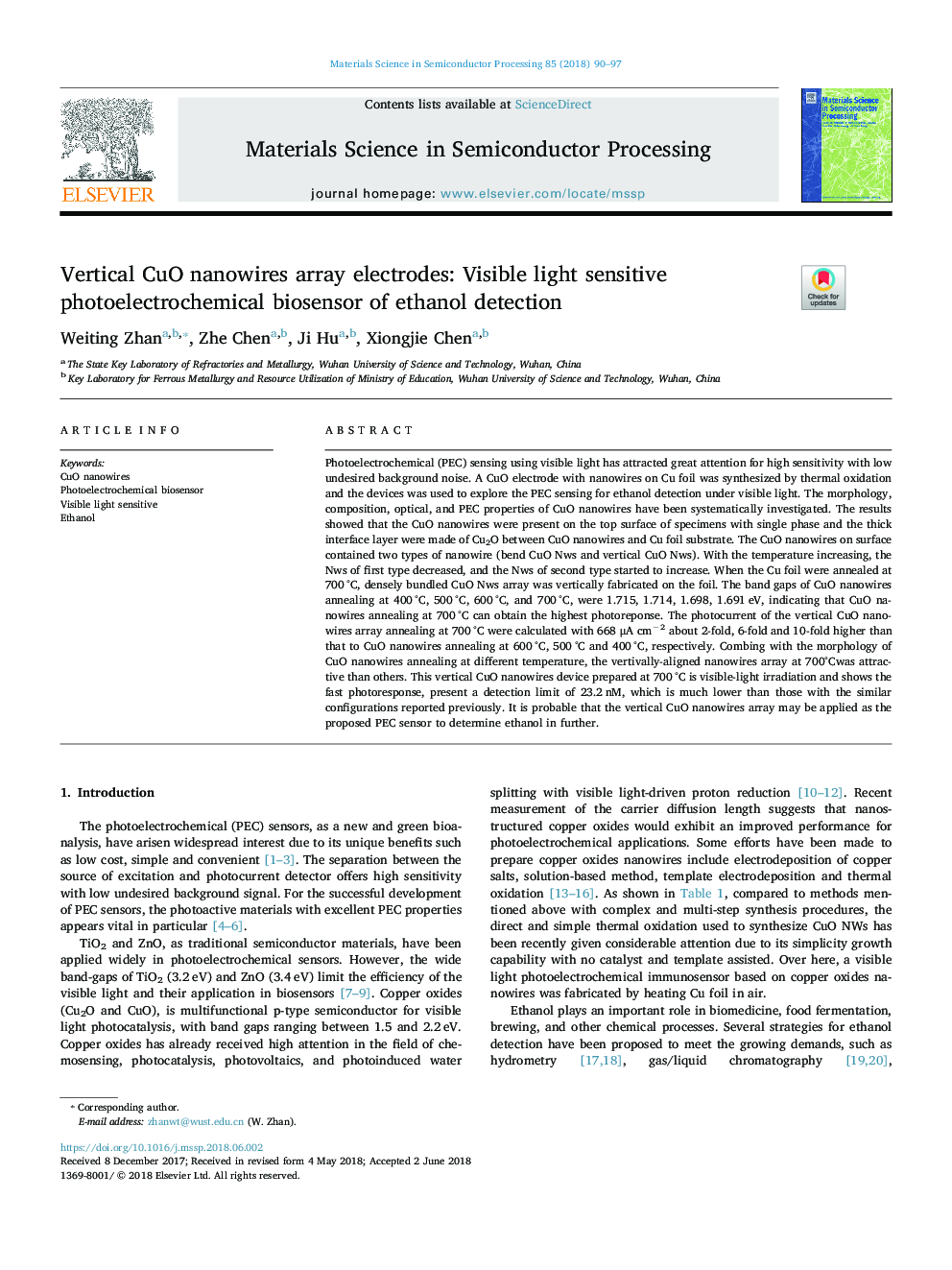 Vertical CuO nanowires array electrodes: Visible light sensitive photoelectrochemical biosensor of ethanol detection