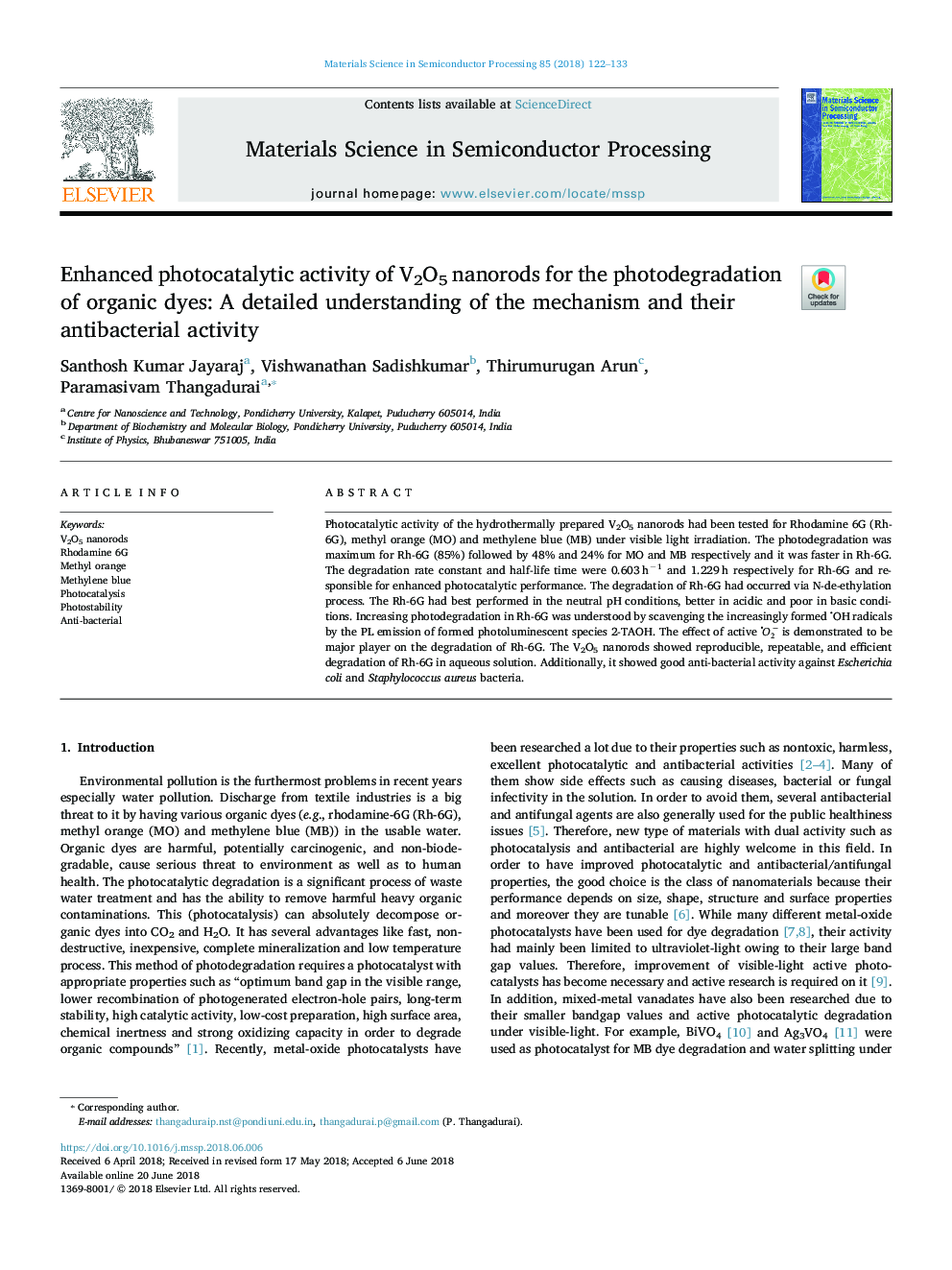 Enhanced photocatalytic activity of V2O5 nanorods for the photodegradation of organic dyes: A detailed understanding of the mechanism and their antibacterial activity