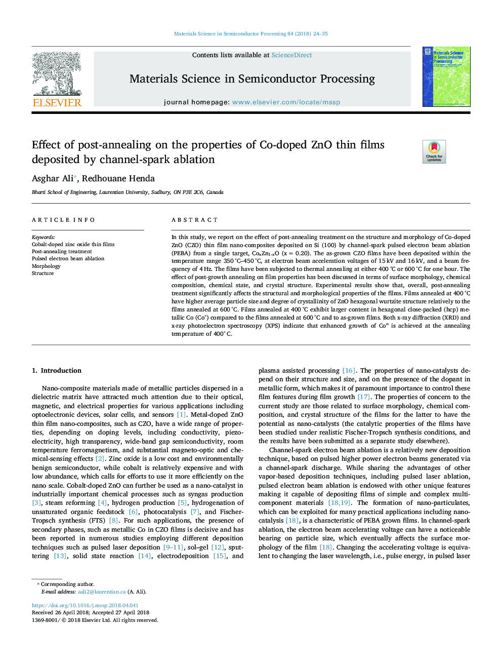 Effect of post-annealing on the properties of Co-doped ZnO thin films deposited by channel-spark ablation