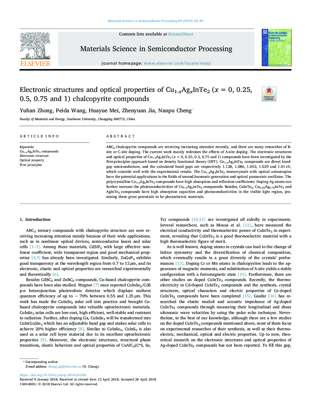 Electronic structures and optical properties of Cu1-xAgxInTe2 (xâ¯=â¯0, 0.25, 0.5, 0.75 and 1) chalcopyrite compounds