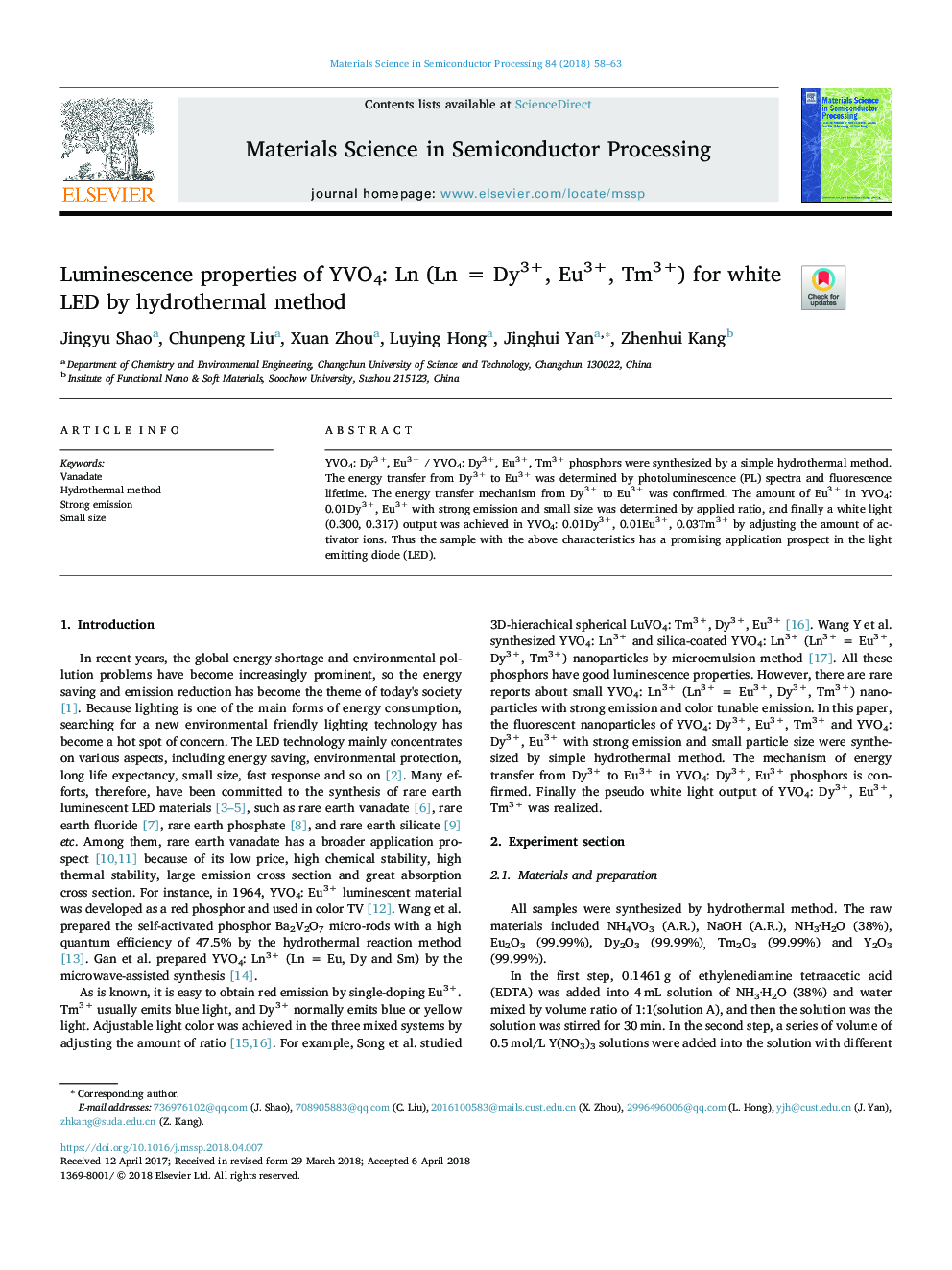 Luminescence properties of YVO4: Ln (Ln = Dy3+, Eu3+, Tm3+) for white LED by hydrothermal method