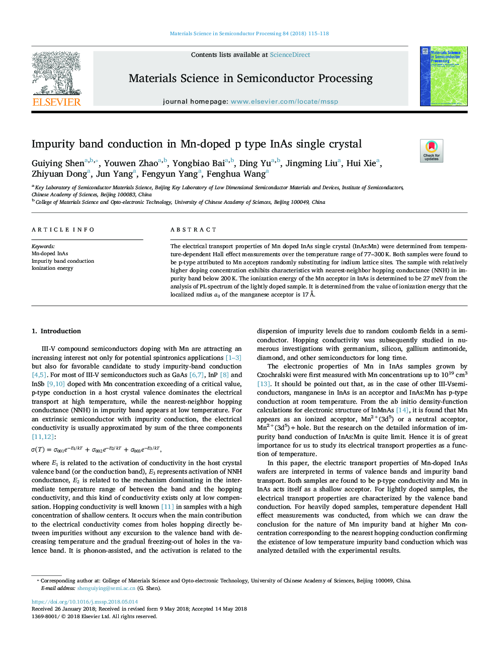 Impurity band conduction in Mn-doped p type InAs single crystal