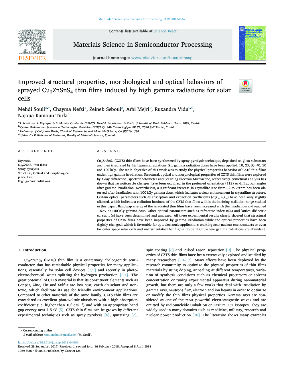 Improved structural properties, morphological and optical behaviors of sprayed Cu2ZnSnS4 thin films induced by high gamma radiations for solar cells