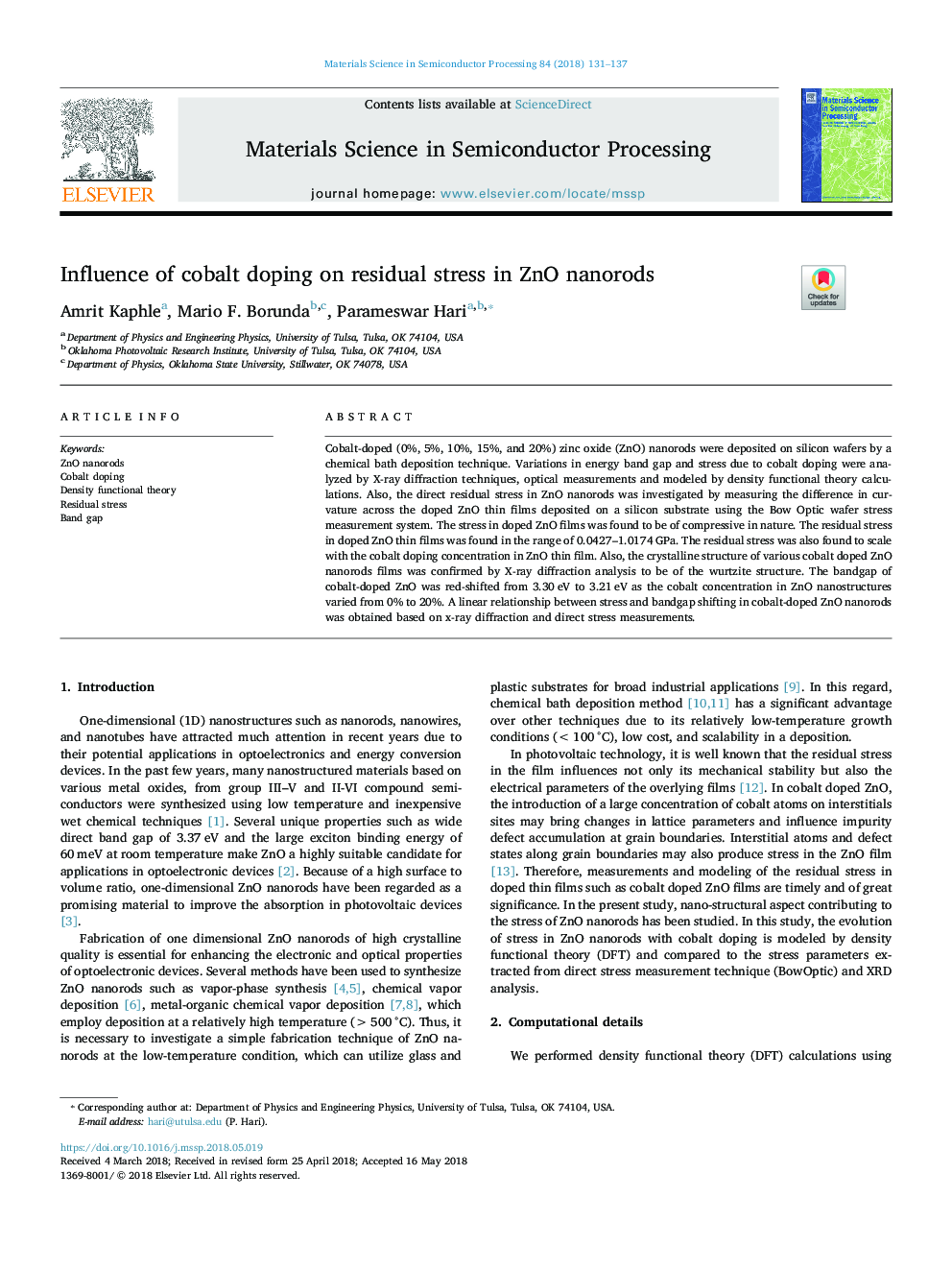 Influence of cobalt doping on residual stress in ZnO nanorods