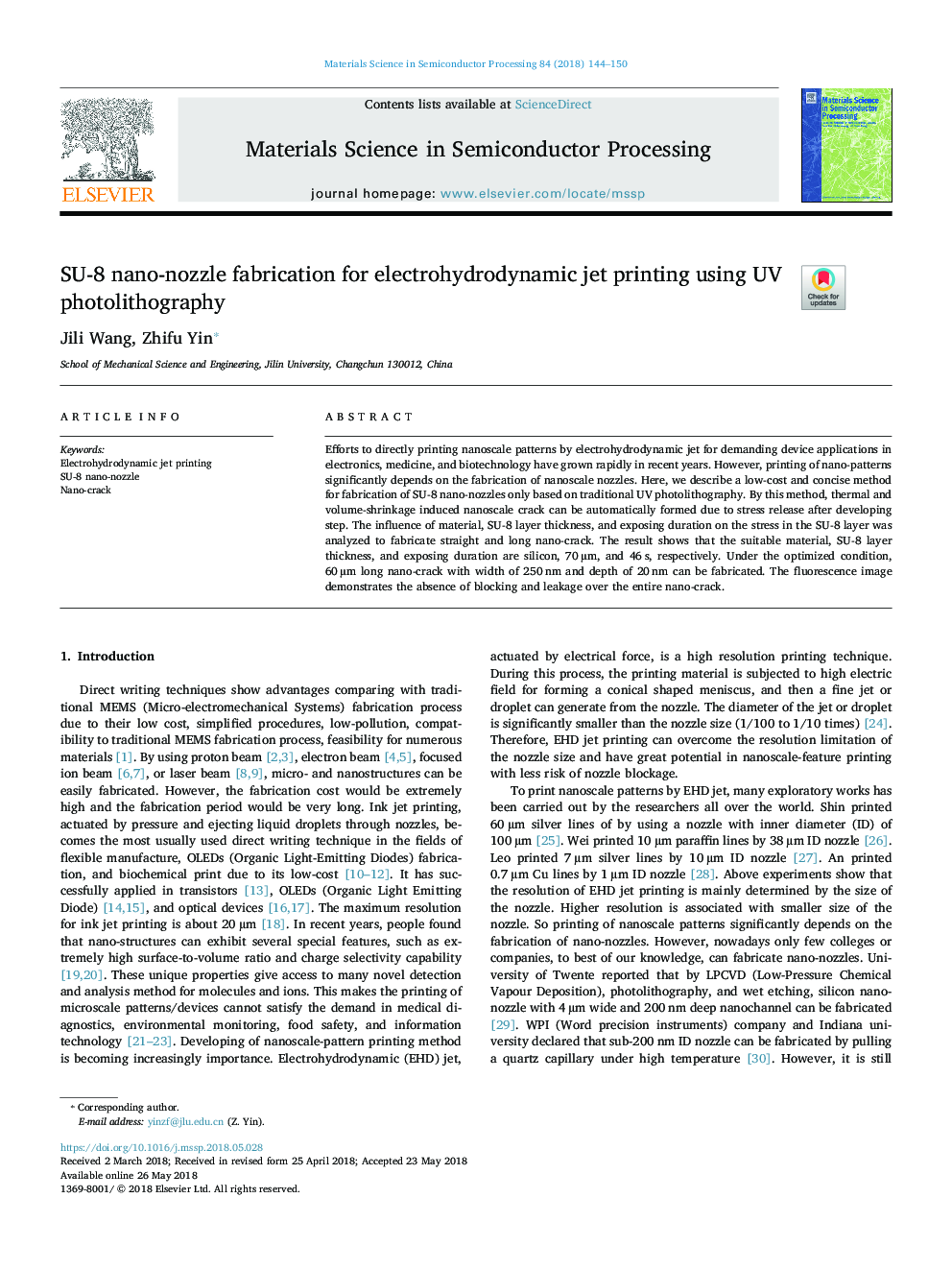 SU-8 nano-nozzle fabrication for electrohydrodynamic jet printing using UV photolithography