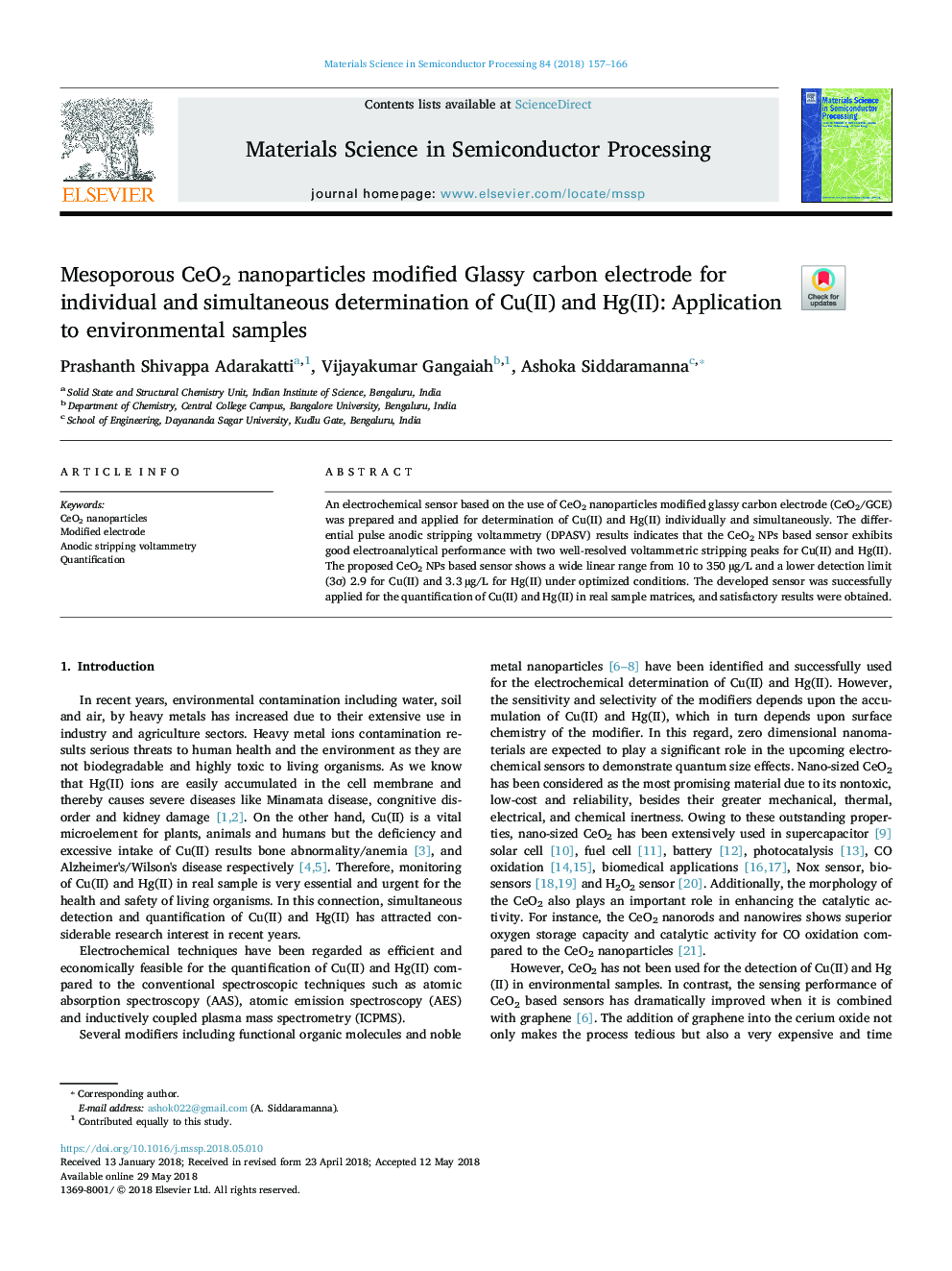 Mesoporous CeO2 nanoparticles modified Glassy carbon electrode for individual and simultaneous determination of Cu(II) and Hg(II): Application to environmental samples