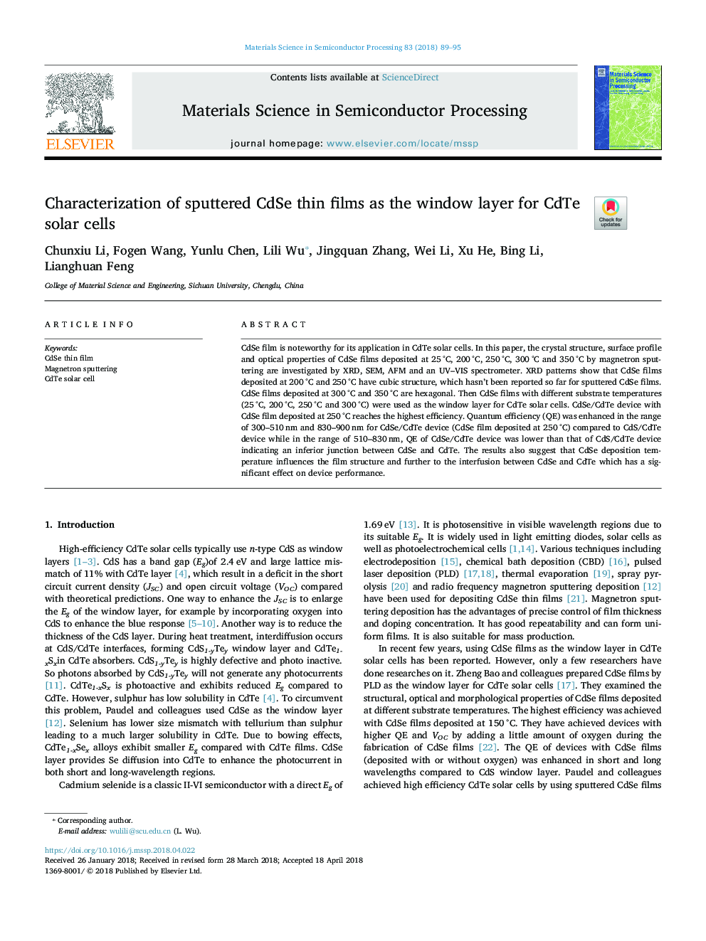 Characterization of sputtered CdSe thin films as the window layer for CdTe solar cells