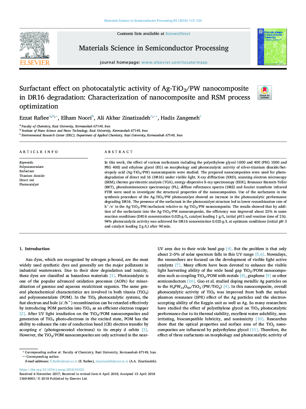 Surfactant effect on photocatalytic activity of Ag-TiO2/PW nanocomposite in DR16 degradation: Characterization of nanocomposite and RSM process optimization