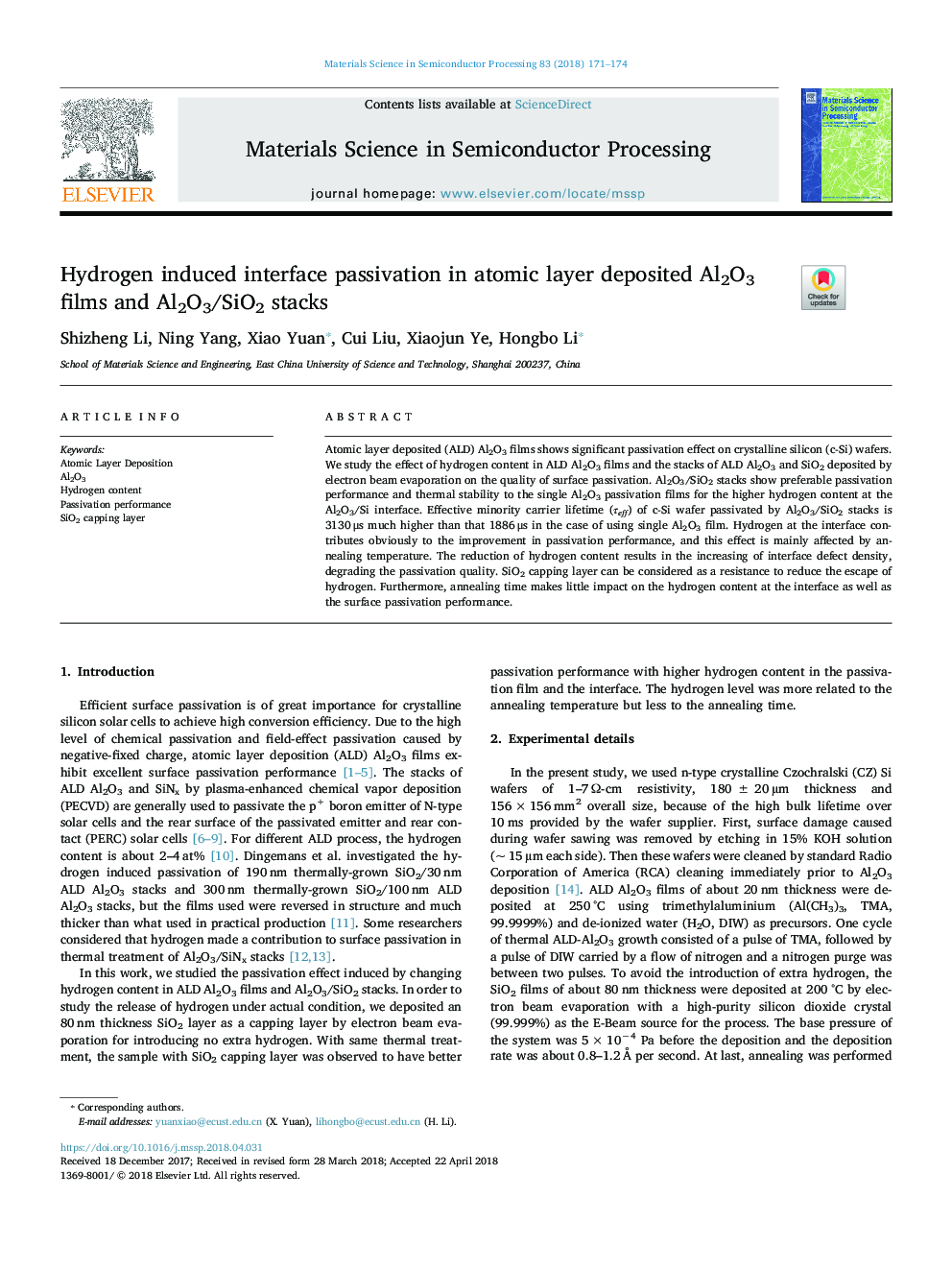 Hydrogen induced interface passivation in atomic layer deposited Al2O3 films and Al2O3/SiO2 stacks