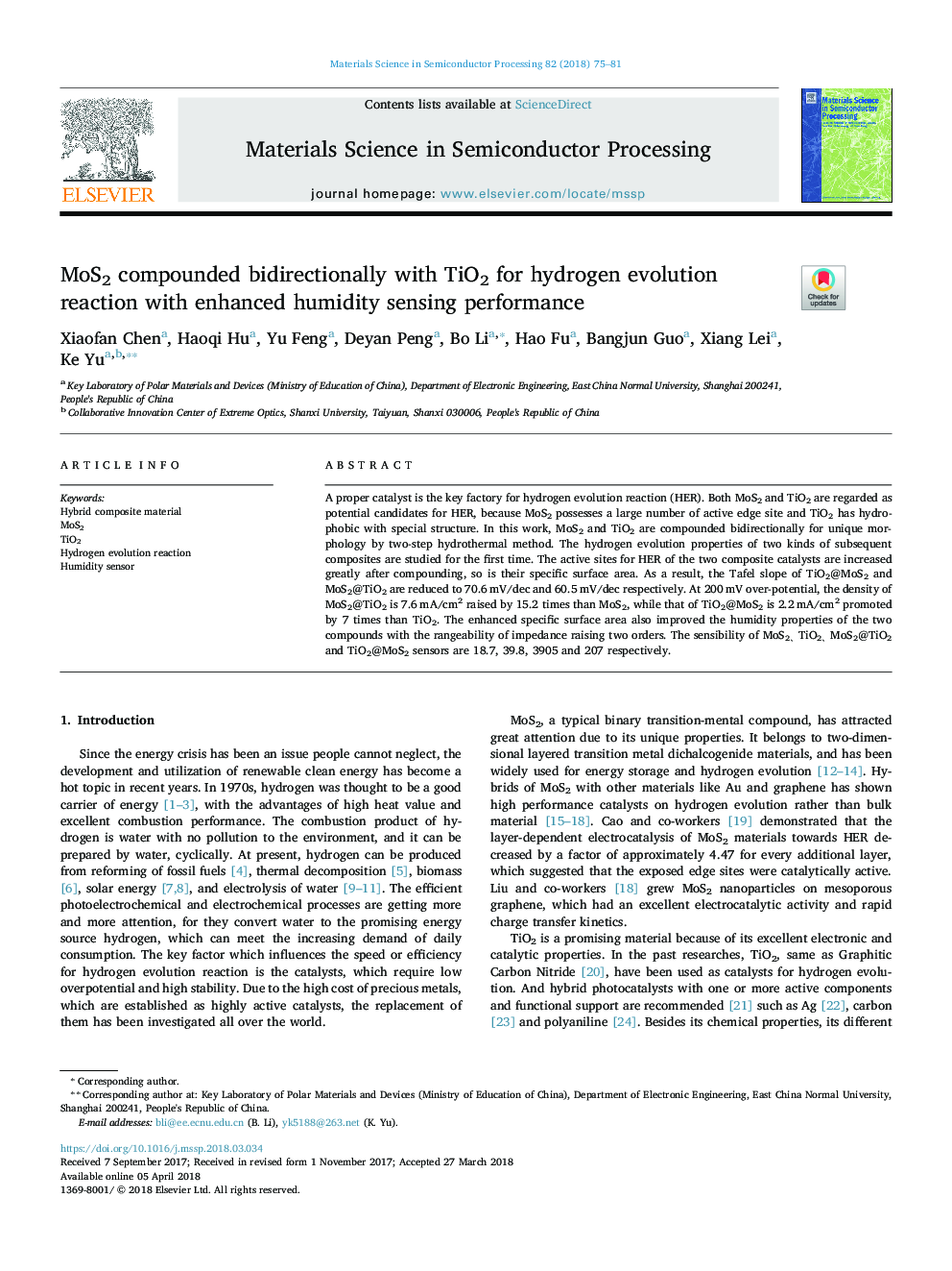 MoS2 compounded bidirectionally with TiO2 for hydrogen evolution reaction with enhanced humidity sensing performance