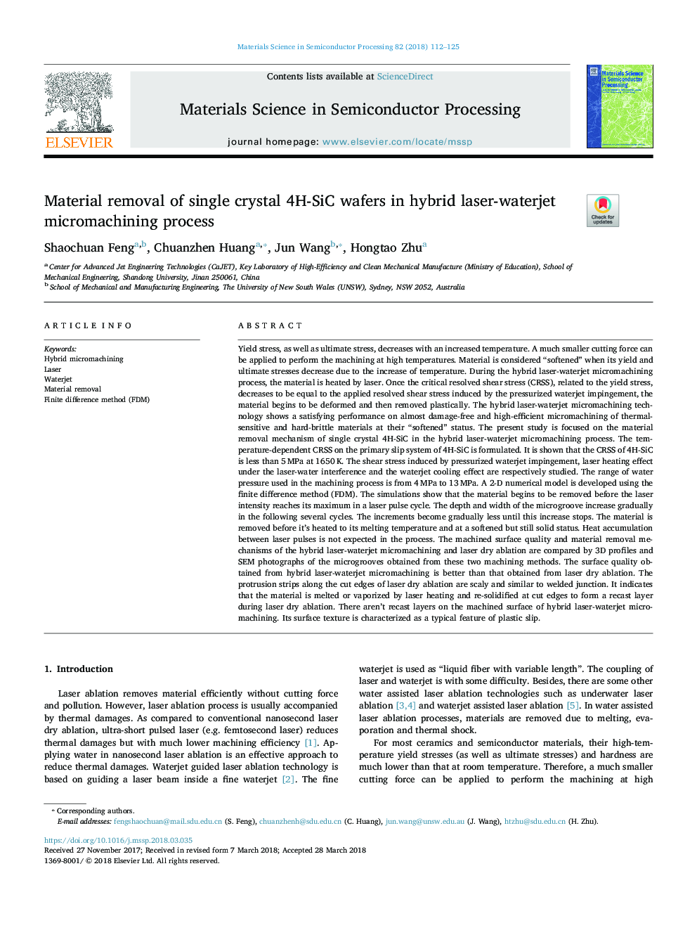 Material removal of single crystal 4H-SiC wafers in hybrid laser-waterjet micromachining process