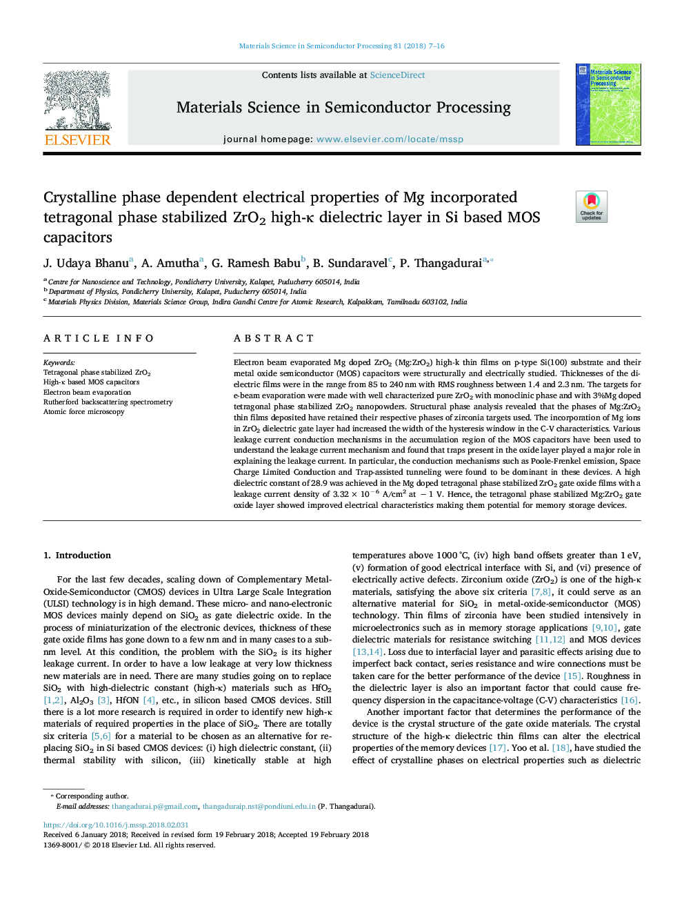 Crystalline phase dependent electrical properties of Mg incorporated tetragonal phase stabilized ZrO2 high-Îº dielectric layer in Si based MOS capacitors