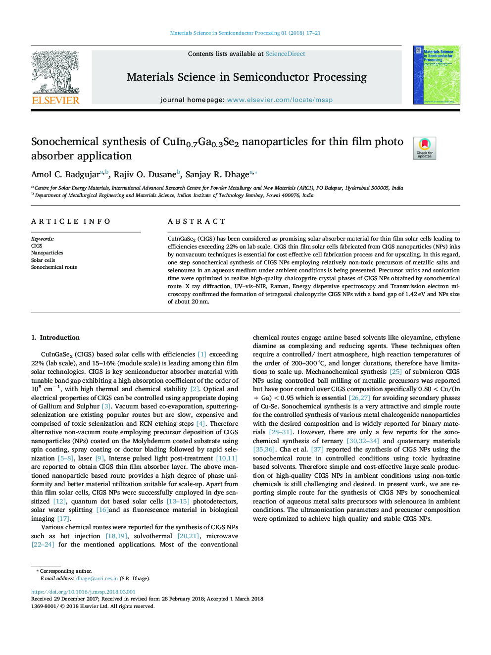 Sonochemical synthesis of CuIn0.7Ga0.3Se2 nanoparticles for thin film photo absorber application