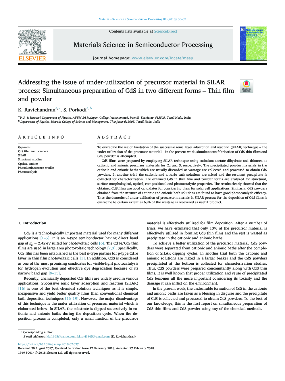 Addressing the issue of under-utilization of precursor material in SILAR process: Simultaneous preparation of CdS in two different forms - Thin film and powder