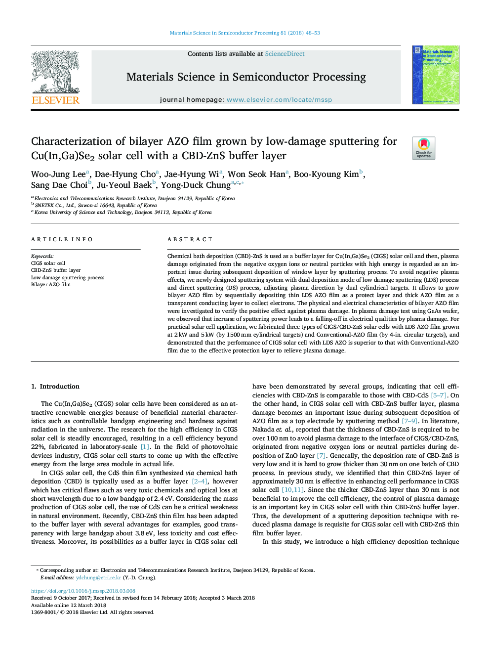 Characterization of bilayer AZO film grown by low-damage sputtering for Cu(In,Ga)Se2 solar cell with a CBD-ZnS buffer layer