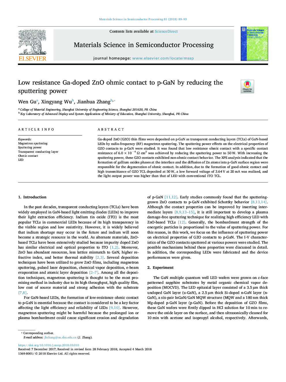 Low resistance Ga-doped ZnO ohmic contact to p-GaN by reducing the sputtering power