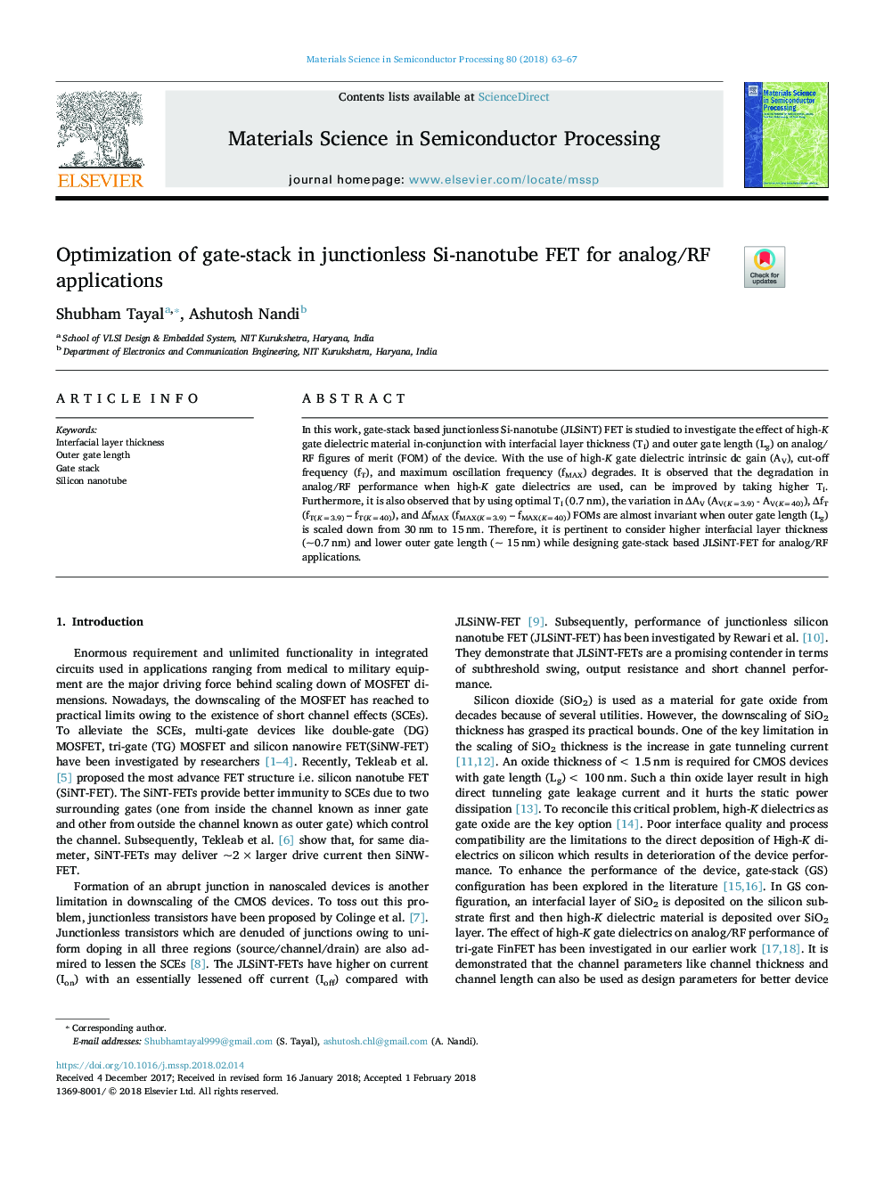 Optimization of gate-stack in junctionless Si-nanotube FET for analog/RF applications