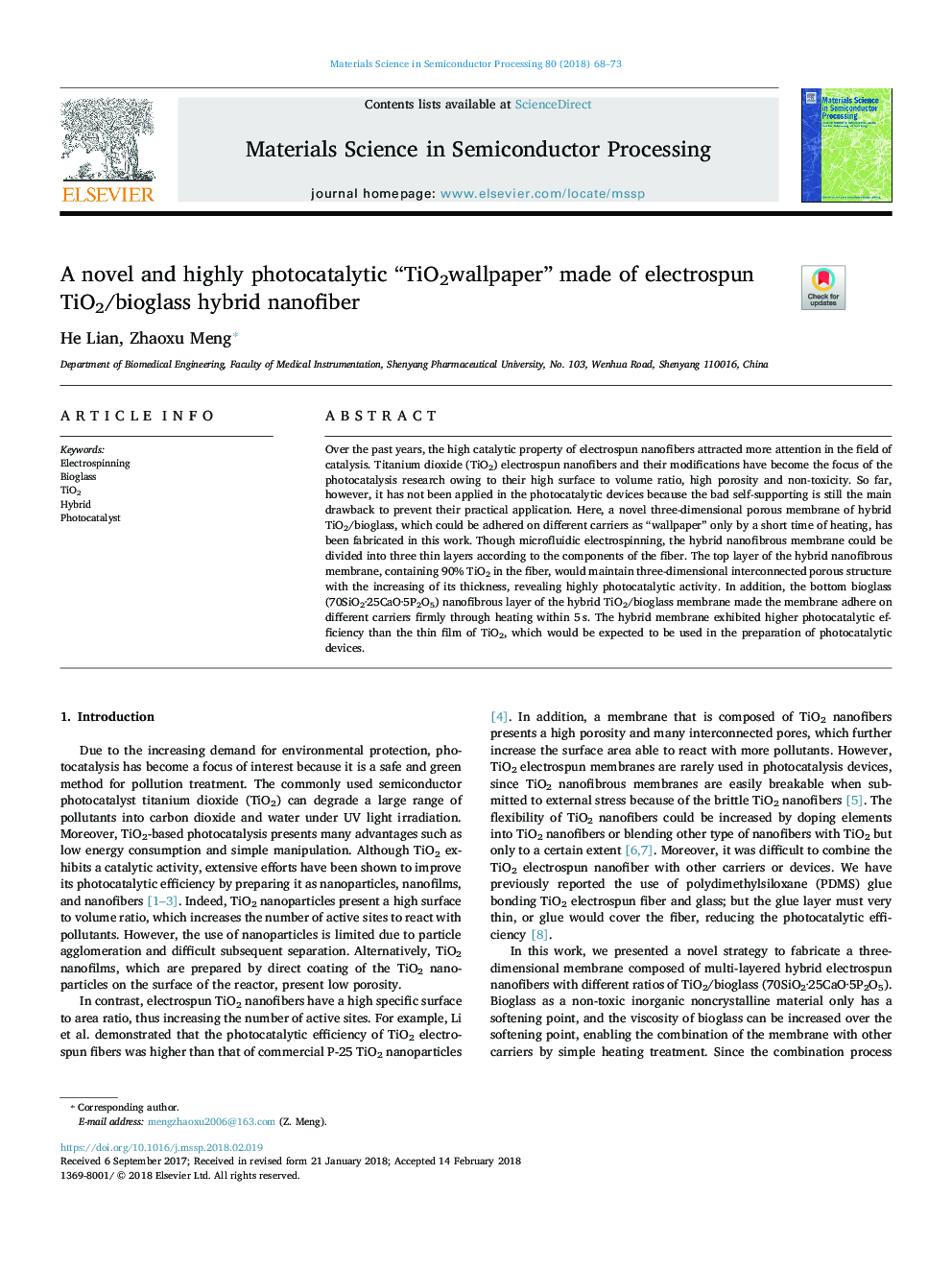 A novel and highly photocatalytic “TiO2wallpaper” made of electrospun TiO2/bioglass hybrid nanofiber