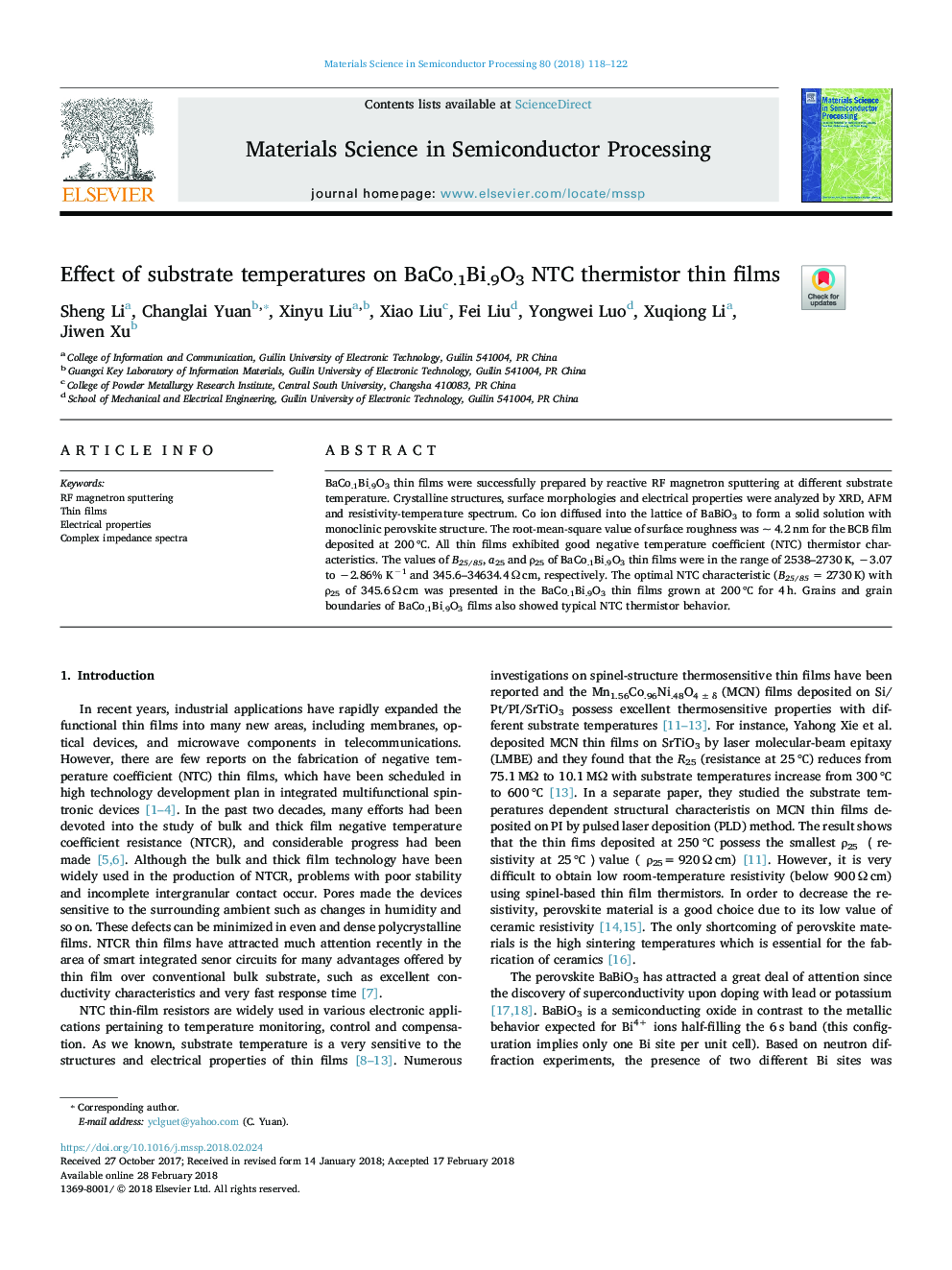 Effect of substrate temperatures on BaCo.1Bi.9O3 NTC thermistor thin films