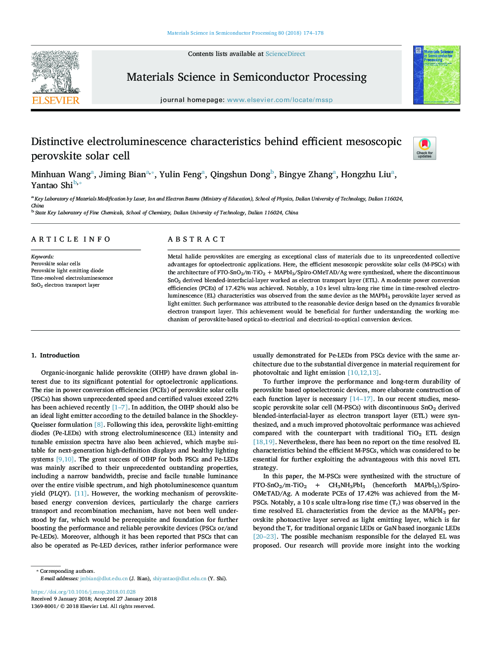 Distinctive electroluminescence characteristics behind efficient mesoscopic perovskite solar cell