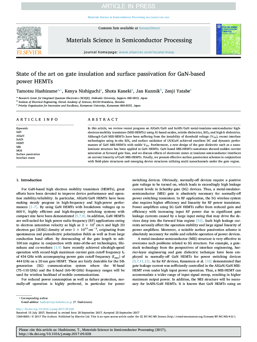 State of the art on gate insulation and surface passivation for GaN-based power HEMTs