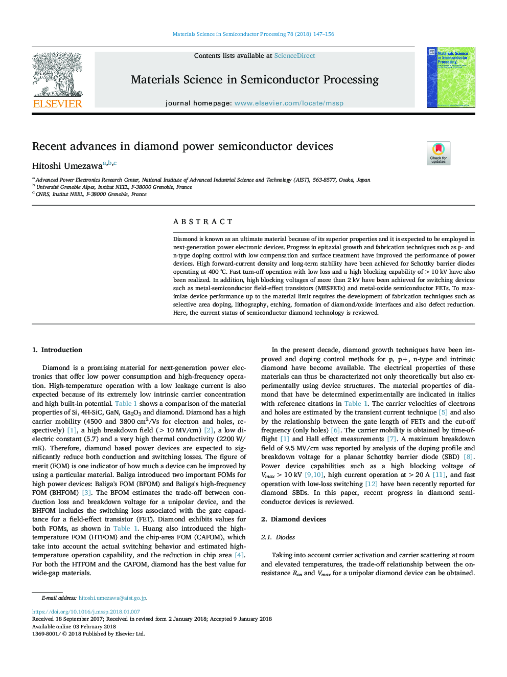 Recent advances in diamond power semiconductor devices