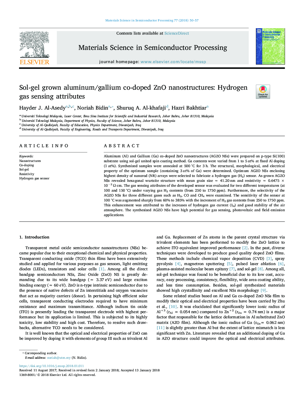 Sol-gel grown aluminum/gallium co-doped ZnO nanostructures: Hydrogen gas sensing attributes