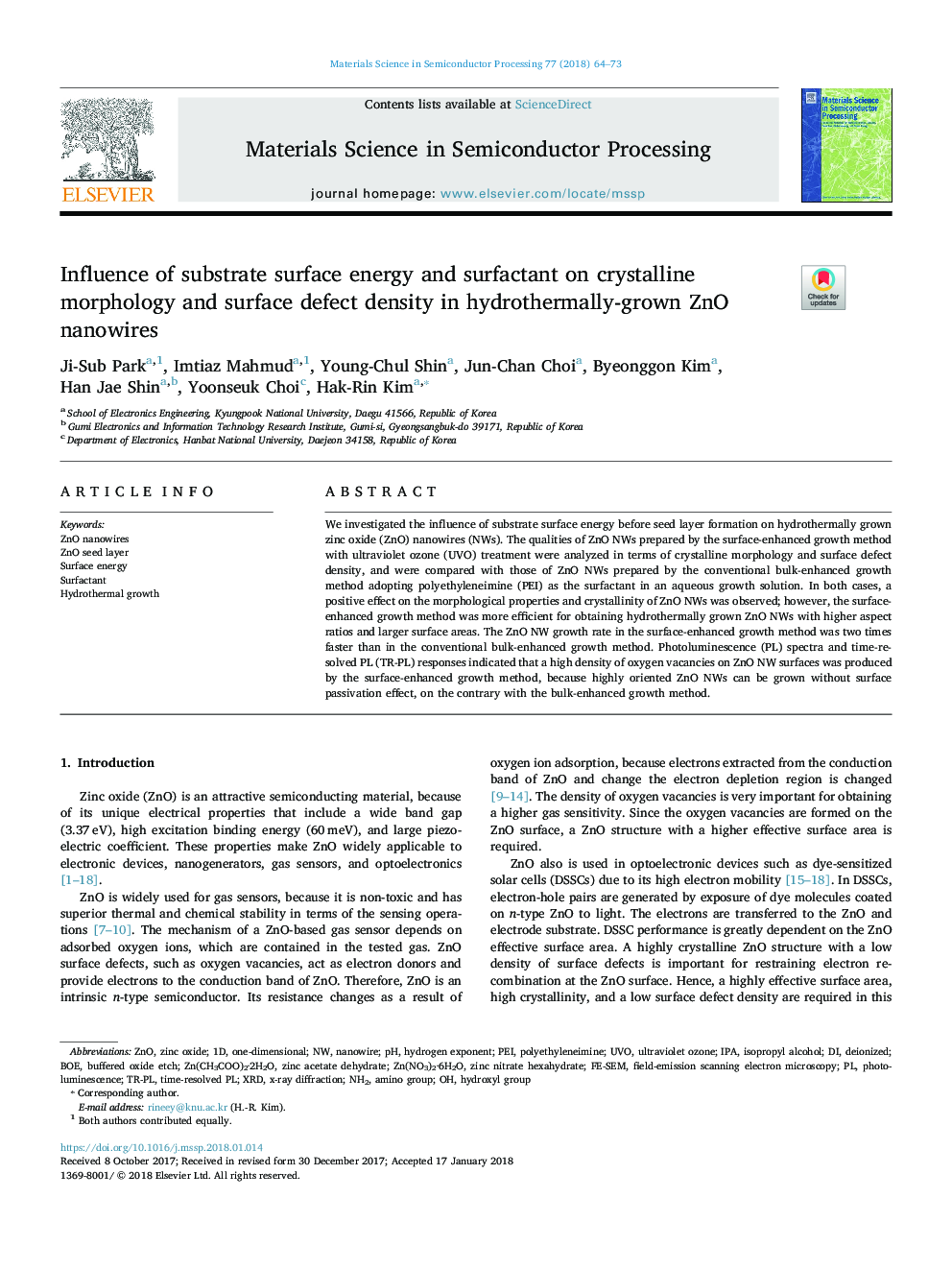 Influence of substrate surface energy and surfactant on crystalline morphology and surface defect density in hydrothermally-grown ZnO nanowires