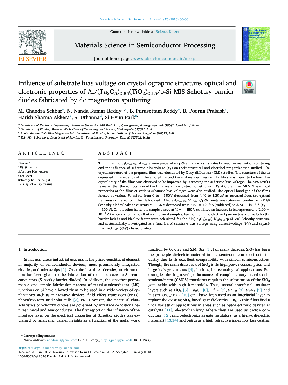 Influence of substrate bias voltage on crystallographic structure, optical and electronic properties of Al/(Ta2O5)0.85(TiO2)0.15/p-Si MIS Schottky barrier diodes fabricated by dc magnetron sputtering