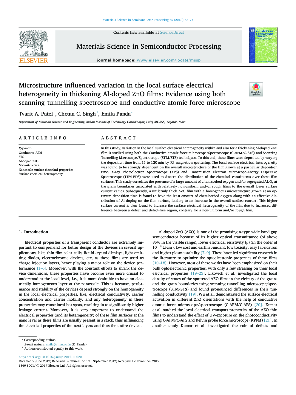 Microstructure influenced variation in the local surface electrical heterogeneity in thickening Al-doped ZnO films: Evidence using both scanning tunnelling spectroscope and conductive atomic force microscope