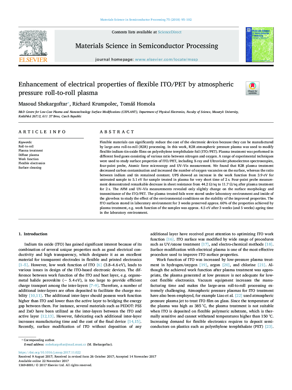 Enhancement of electrical properties of flexible ITO/PET by atmospheric pressure roll-to-roll plasma