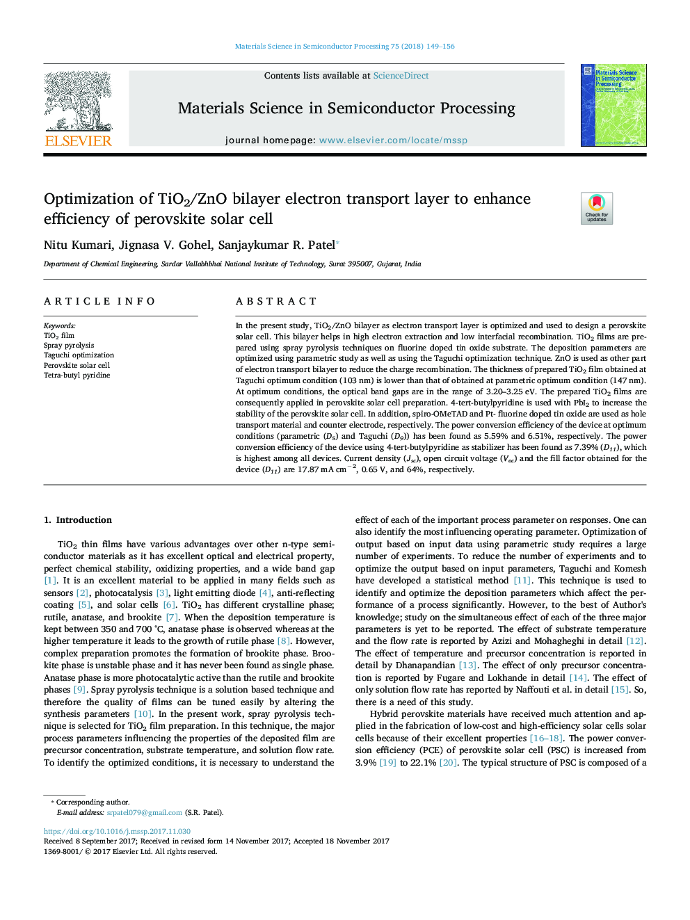 Optimization of TiO2/ZnO bilayer electron transport layer to enhance efficiency of perovskite solar cell