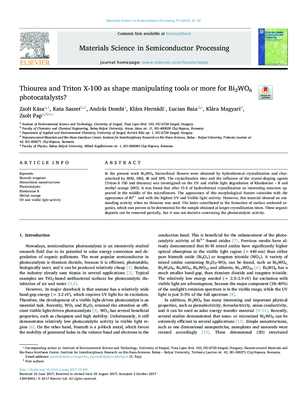 Thiourea and Triton X-100 as shape manipulating tools or more for Bi2WO6 photocatalysts?