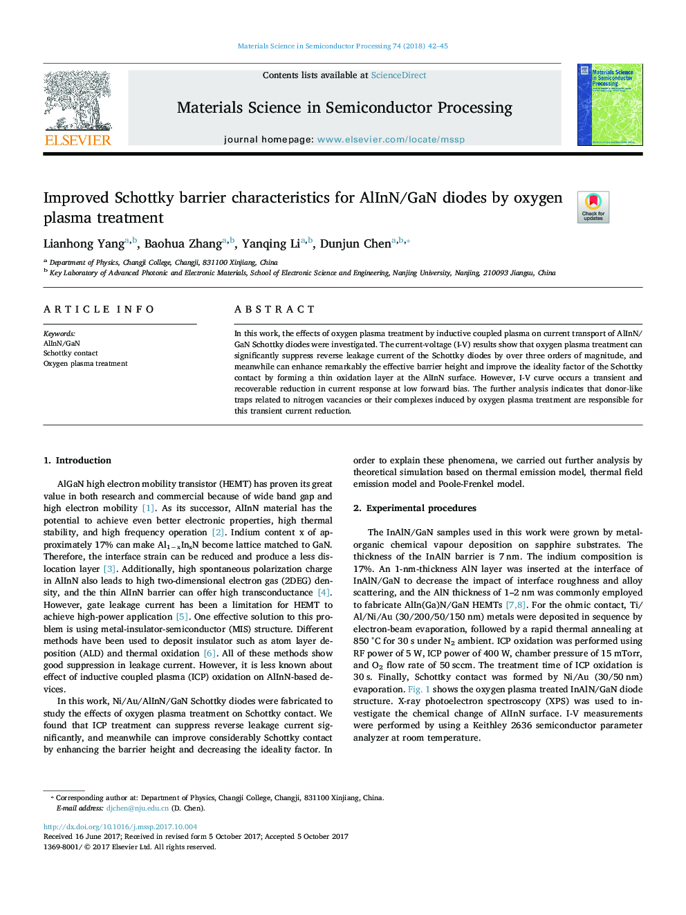 Improved Schottky barrier characteristics for AlInN/GaN diodes by oxygen plasma treatment