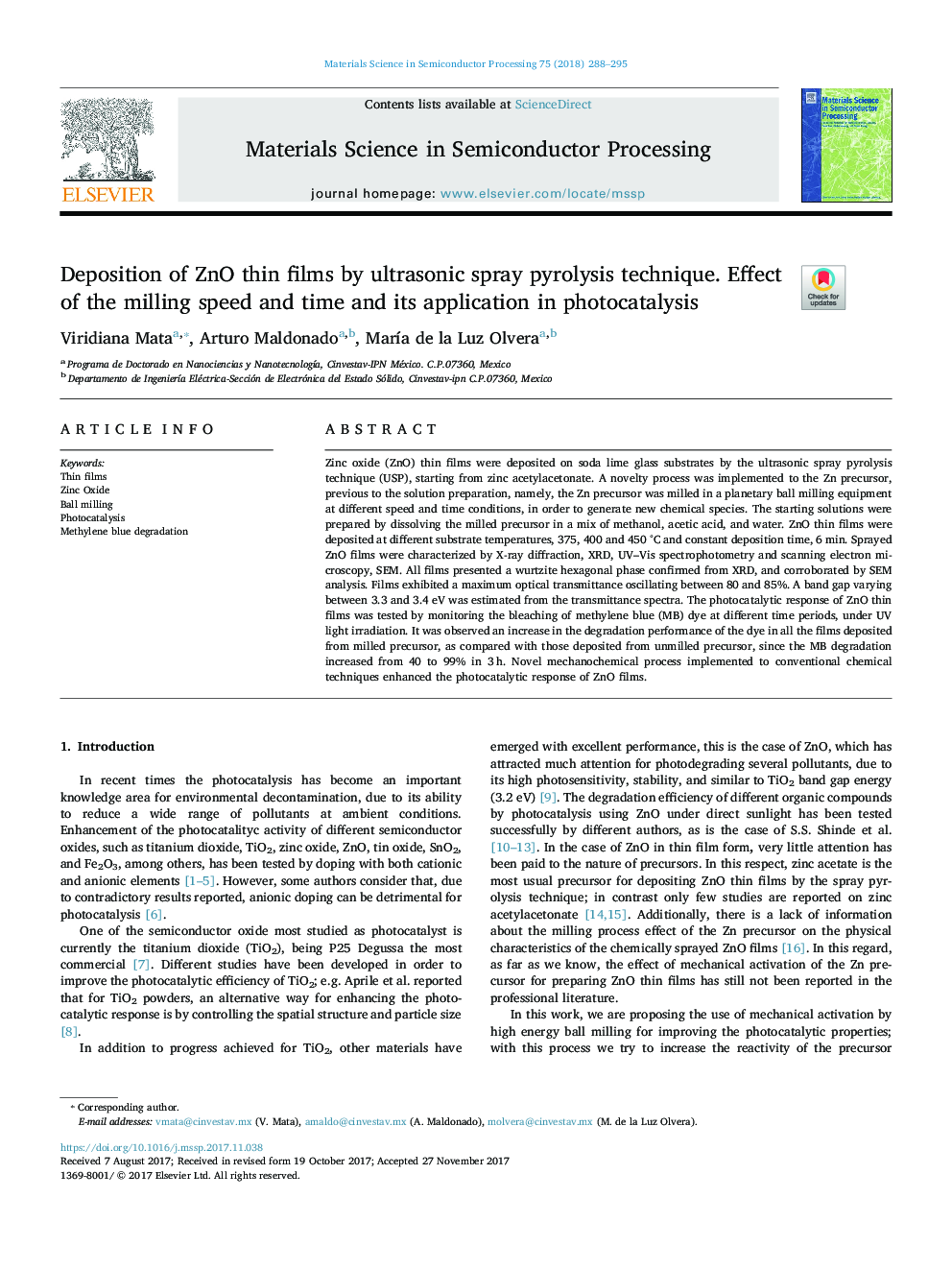 Deposition of ZnO thin films by ultrasonic spray pyrolysis technique. Effect of the milling speed and time and its application in photocatalysis