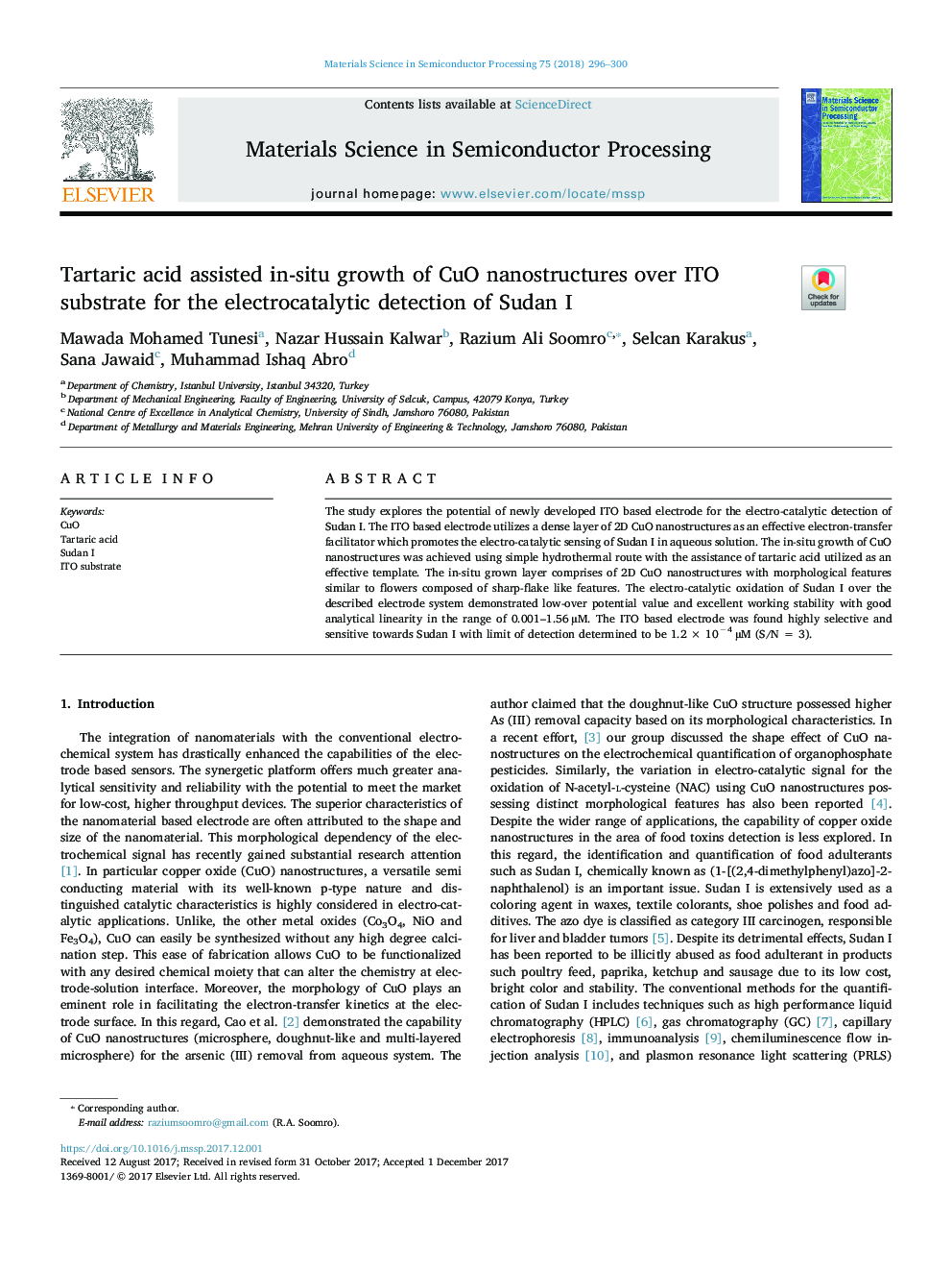 Tartaric acid assisted in-situ growth of CuO nanostructures over ITO substrate for the electrocatalytic detection of Sudan I