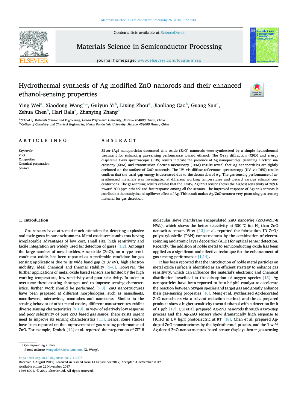 Hydrothermal synthesis of Ag modified ZnO nanorods and their enhanced ethanol-sensing properties