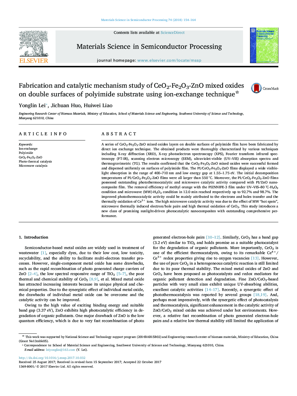 Fabrication and catalytic mechanism study of CeO2-Fe2O3-ZnO mixed oxides on double surfaces of polyimide substrate using ion-exchange technique
