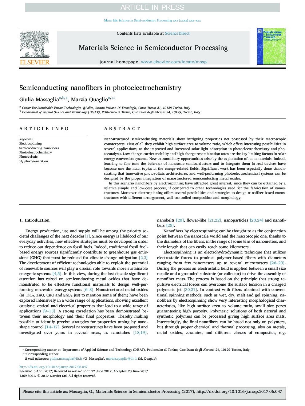 Semiconducting nanofibers in photoelectrochemistry