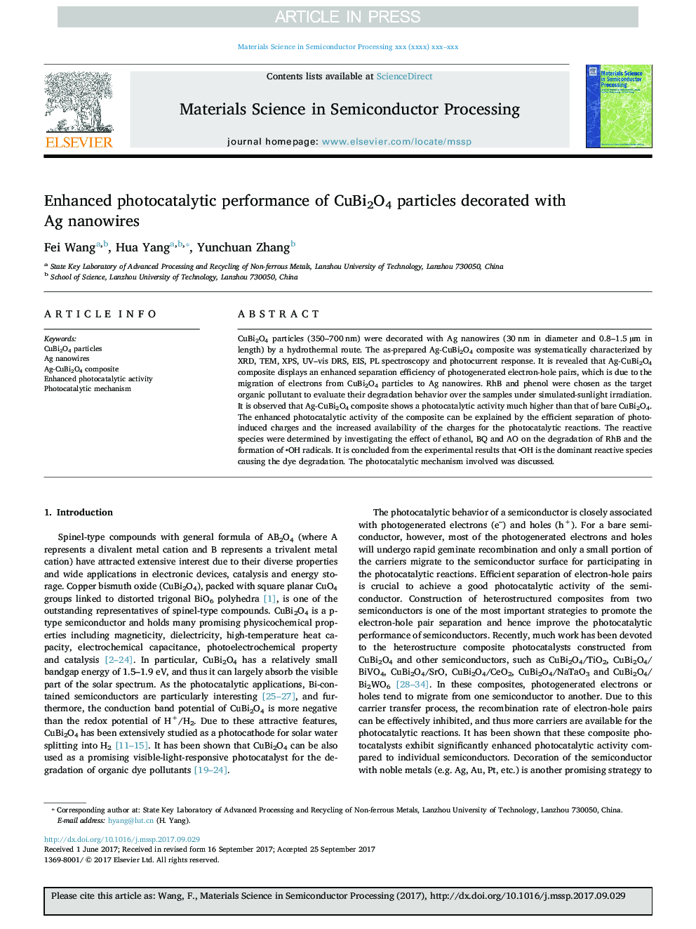 Enhanced photocatalytic performance of CuBi2O4 particles decorated with Ag nanowires