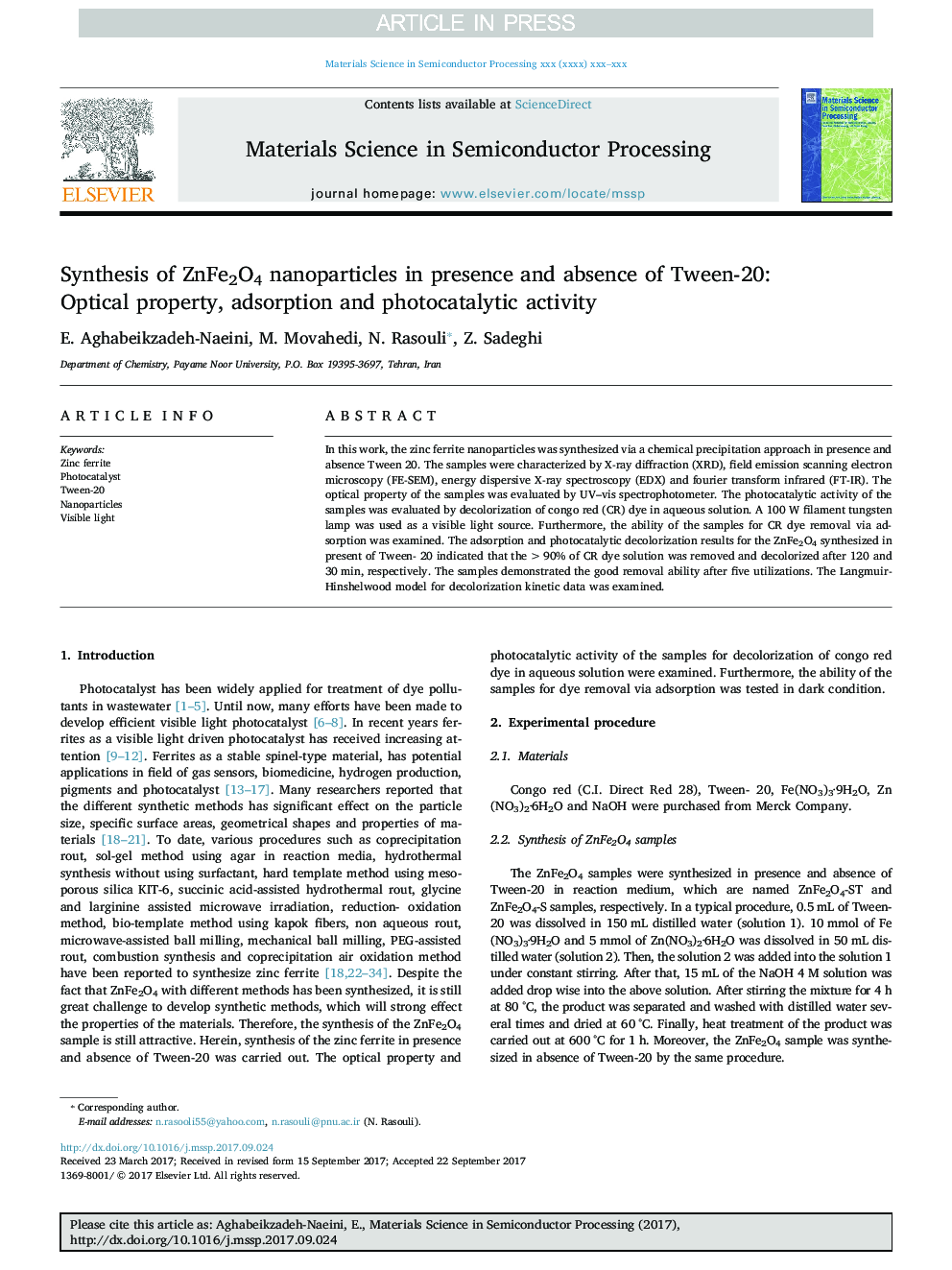 Synthesis of ZnFe2O4 nanoparticles in presence and absence of Tween-20: Optical property, adsorption and photocatalytic activity