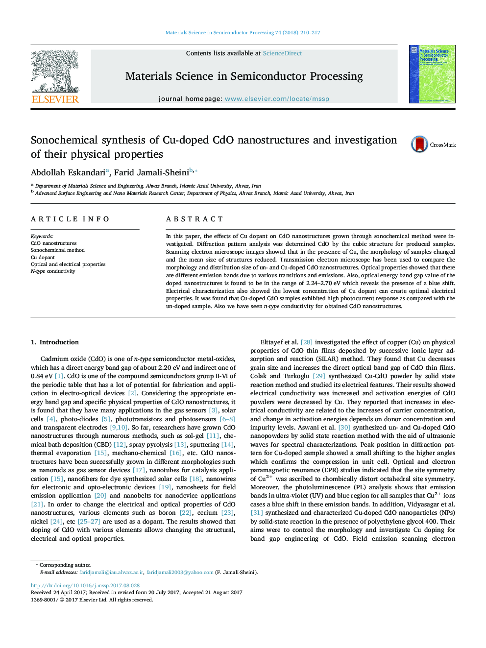 Sonochemical synthesis of Cu-doped CdO nanostructures and investigation of their physical properties