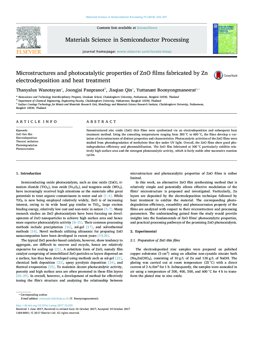 Microstructures and photocatalytic properties of ZnO films fabricated by Zn electrodeposition and heat treatment