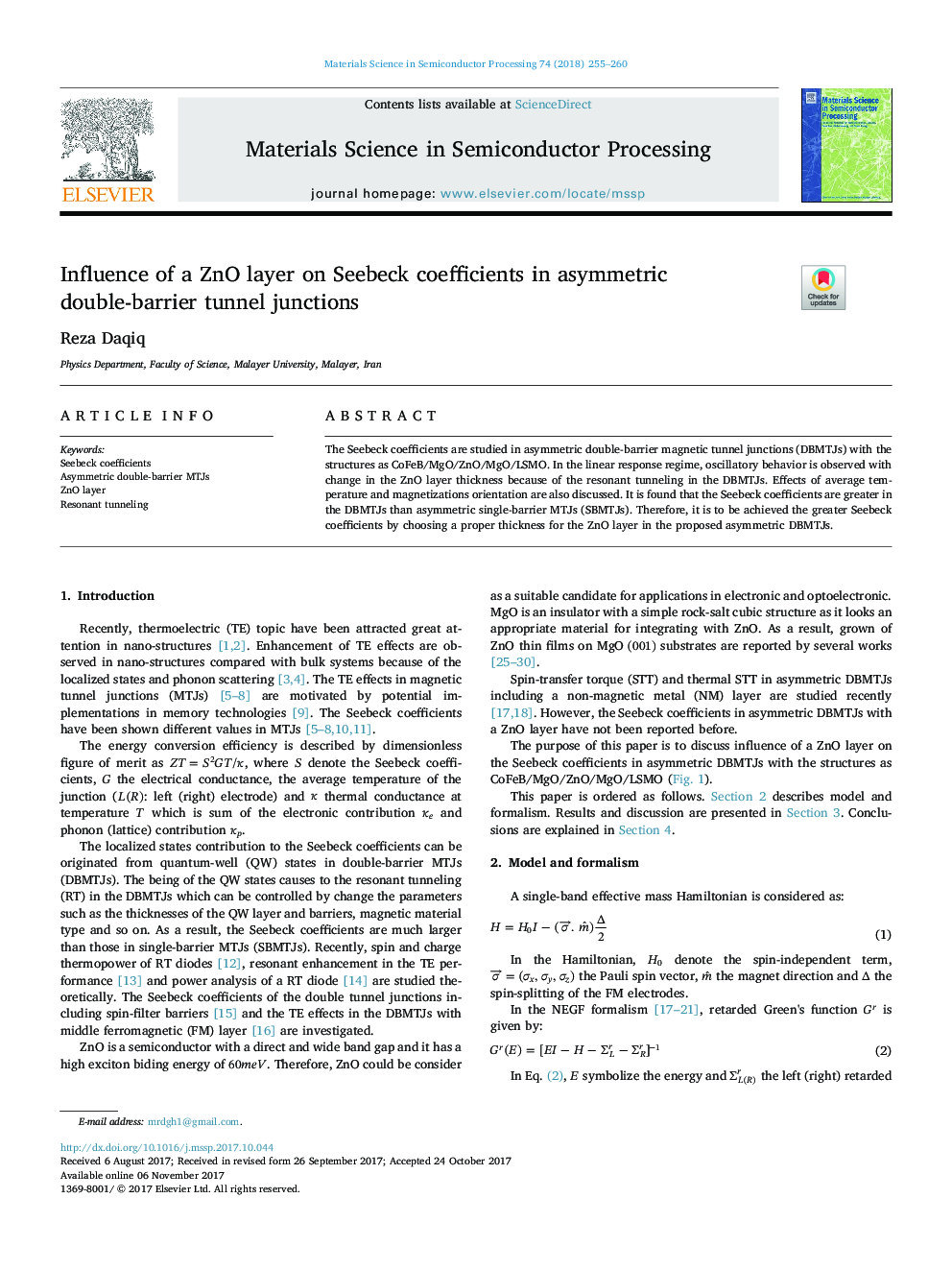 Influence of a ZnO layer on Seebeck coefficients in asymmetric double-barrier tunnel junctions