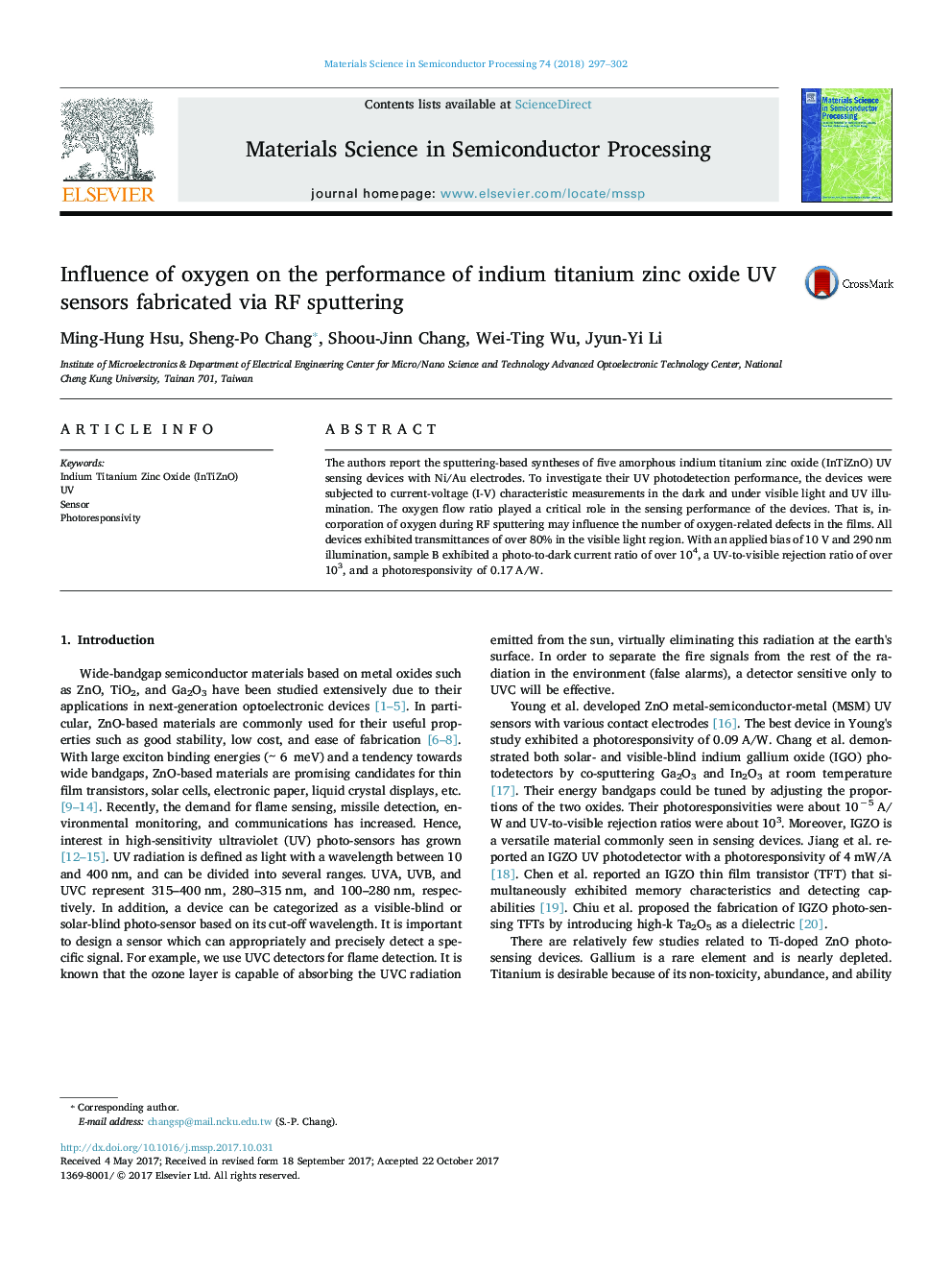 Influence of oxygen on the performance of indium titanium zinc oxide UV sensors fabricated via RF sputtering