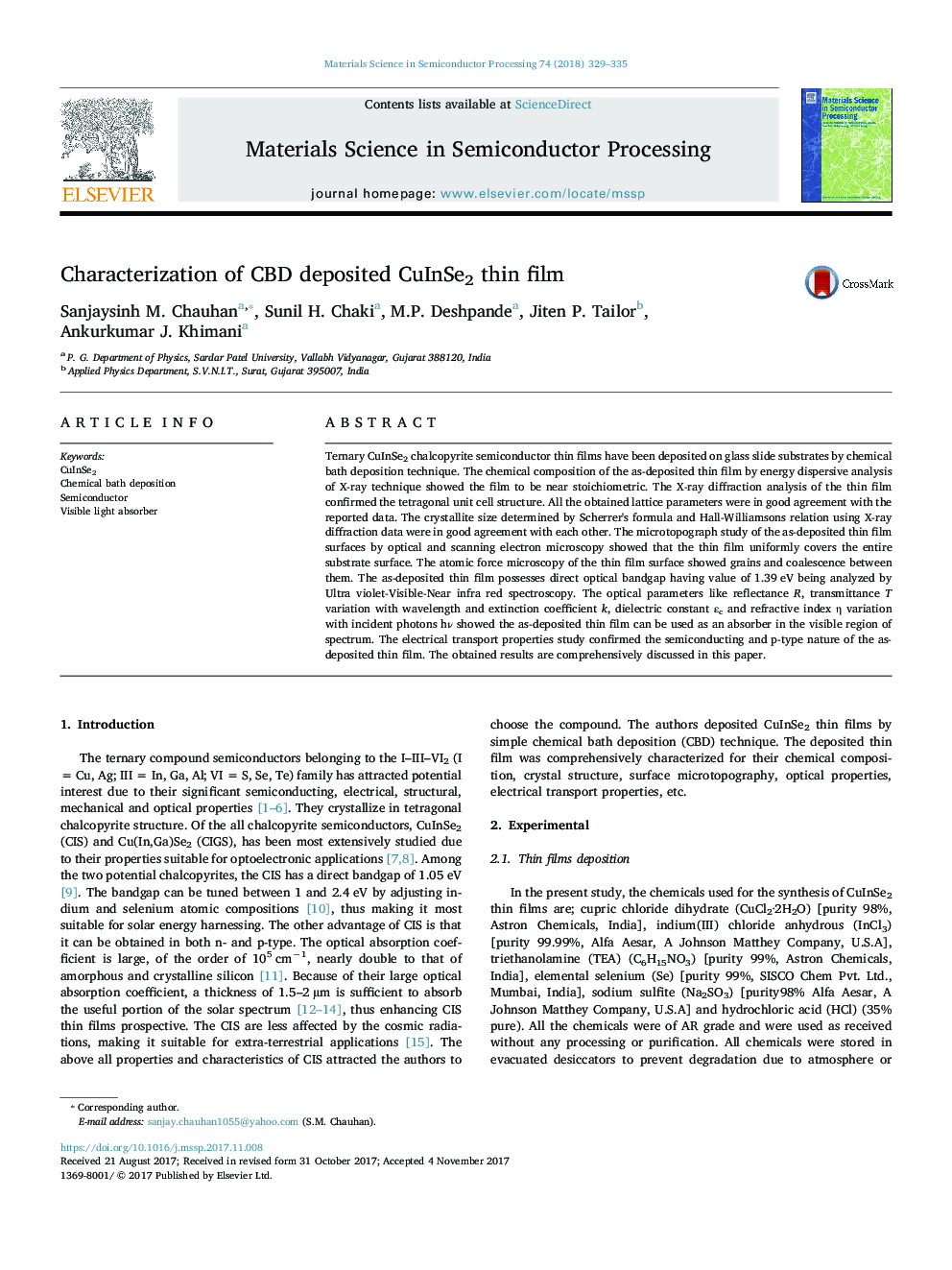 عکس صفحه اول مقاله: Characterization of CBD deposited CuInSe2 thin film Characterization of CBD deposited CuInSe2 thin film
