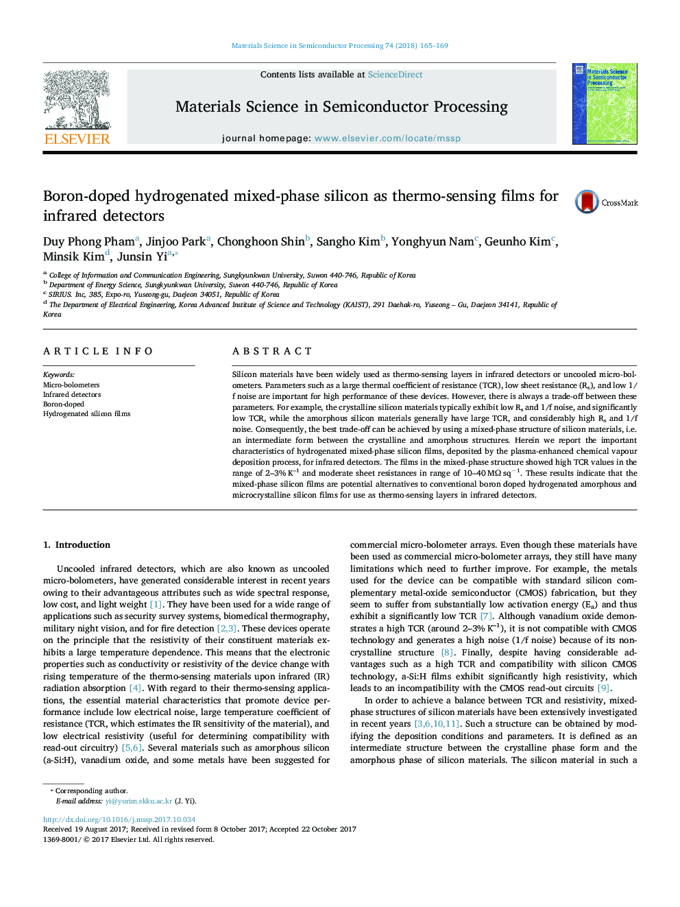 Boron-doped hydrogenated mixed-phase silicon as thermo-sensing films for infrared detectors