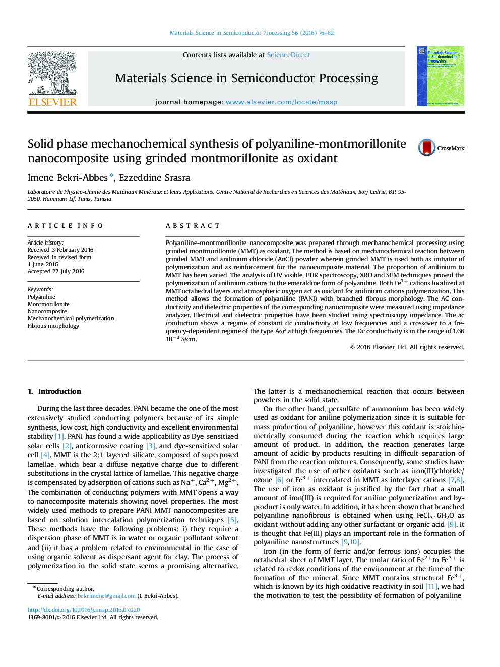 Solid phase mechanochemical synthesis of polyaniline-montmorillonite nanocomposite using grinded montmorillonite as oxidant